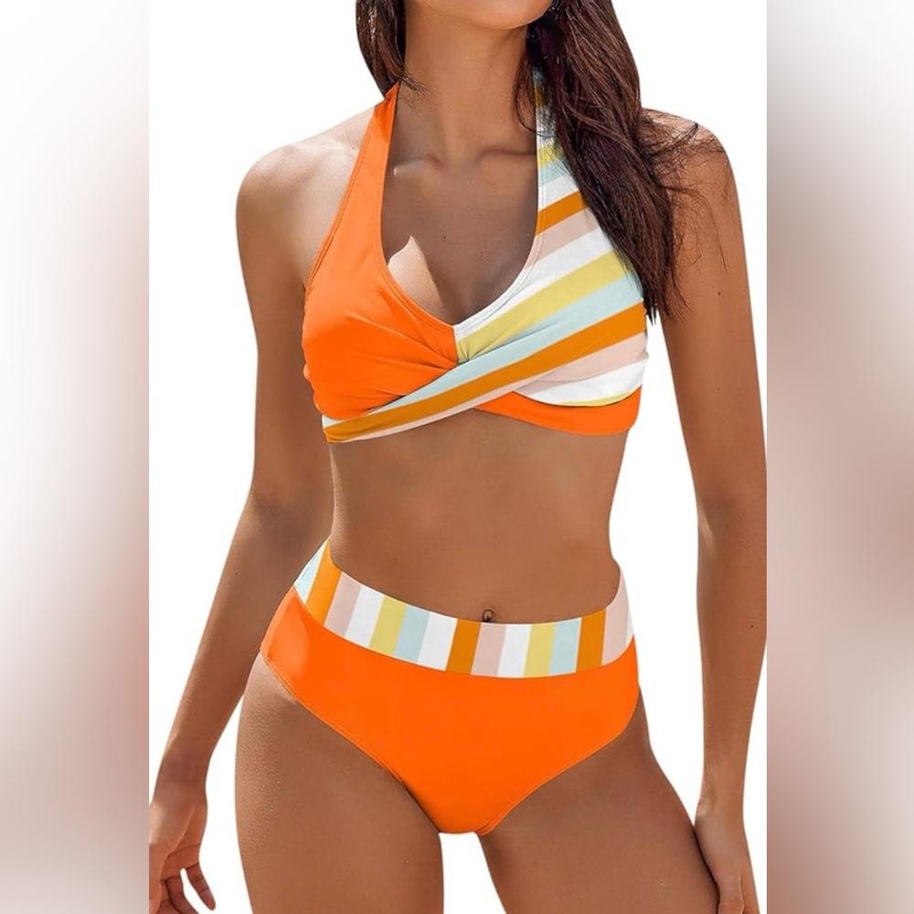 Aimage 2-Piece Twist Vintage Design Bikini Top. High Waisted Bottoms.